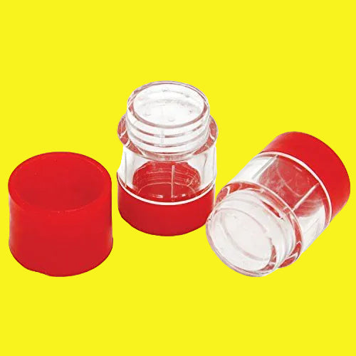 Salt and pepper shaker consisting of two clear containers with red lids.
