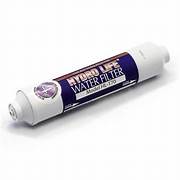 A cylindrical white water filter with blue and purple labeling for 'Hydro-Life Water Filter' with 20-inch length.