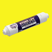 A cylindrical white water filter with blue and purple labeling for 'Hydro-Life Water Filter' with 20-inch length.
