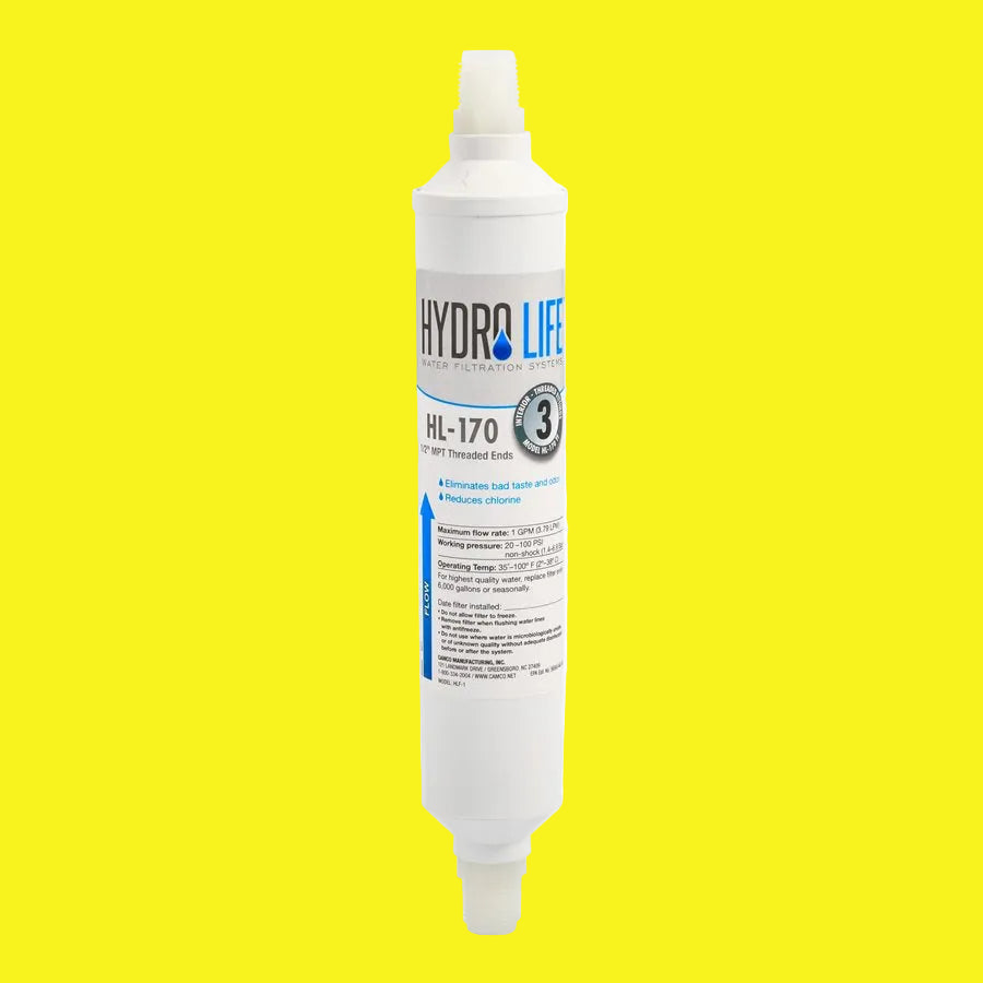 A white water filter cartridge labeled 'Hydro-Life HL170' with blue and black text, and a blue cap.