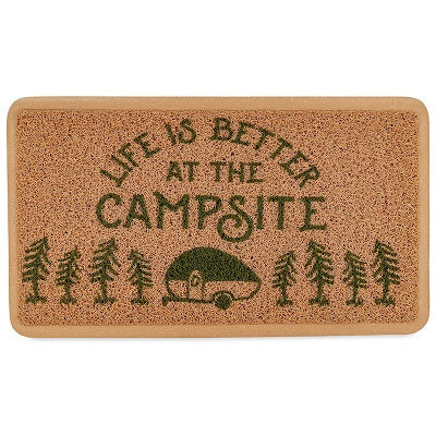 A rectangular brown scrub rug with a green 'Life is Better at the Campsite' text and a retro RV trailer and tree line design.