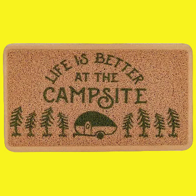 A rectangular brown scrub rug with a green 'Life is Better at the Campsite' text and a retro RV trailer and tree line design.