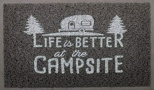 Gray and white scrub rug with text, "Life is better at the campsite".