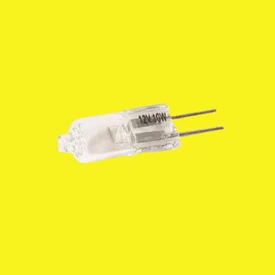 A clear, cylindrical halogen bulb with two metal pins at one end for connection.