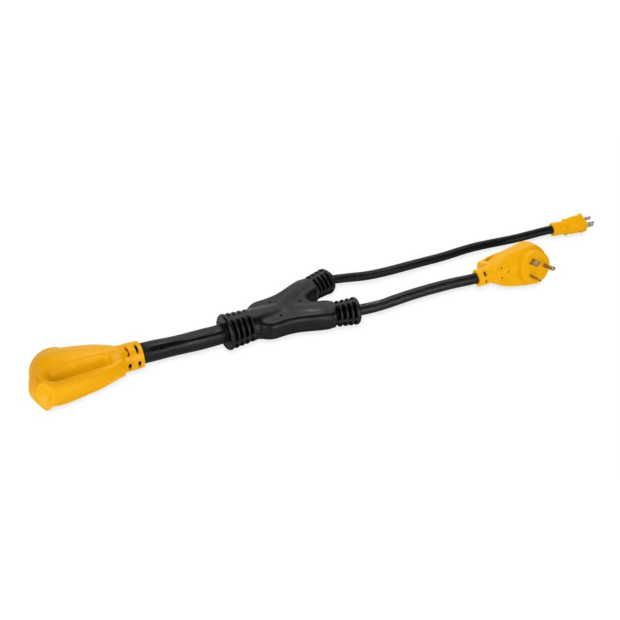 A power cord adapter with three yellow plug ends and a black power cord in between.