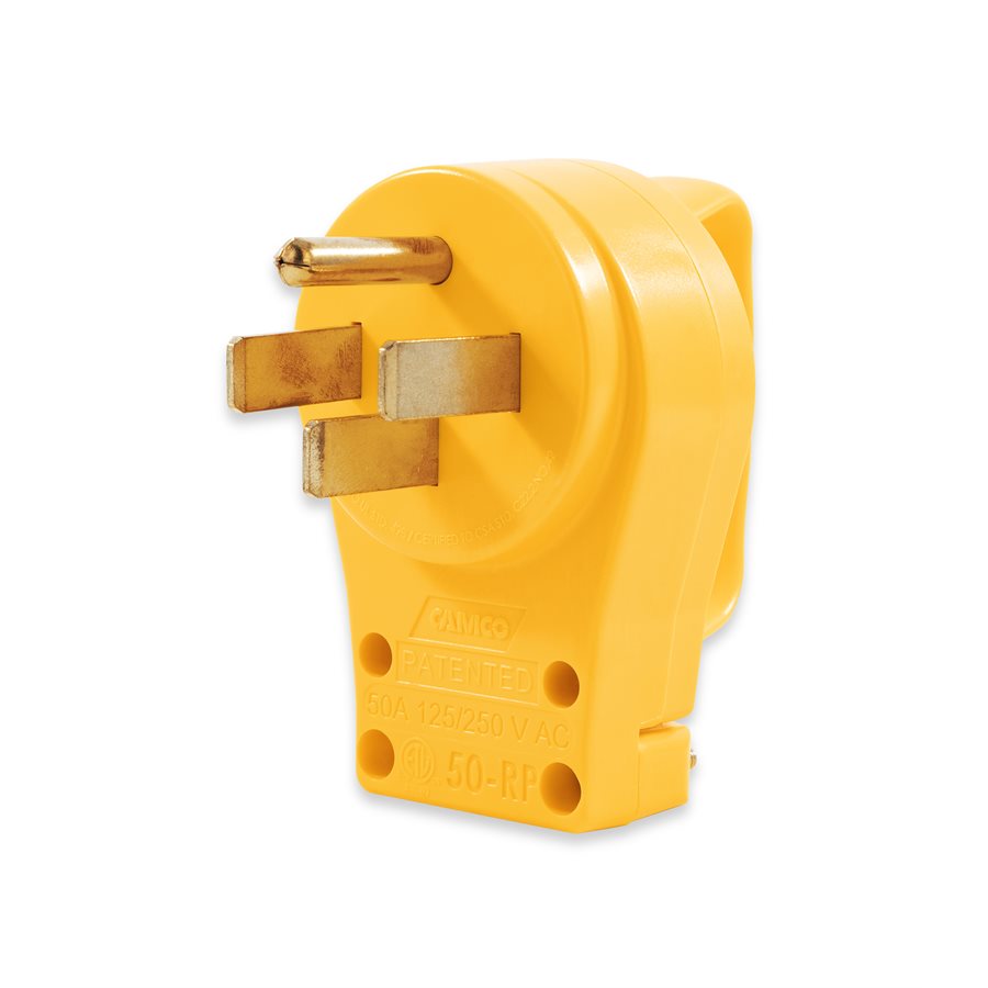 A yellow RV male plug replacement with a 50amp rating and a plug head handle.