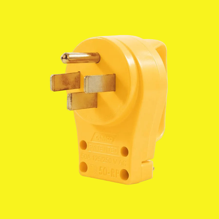 A yellow RV male plug replacement with a 50amp rating and a plug head handle.