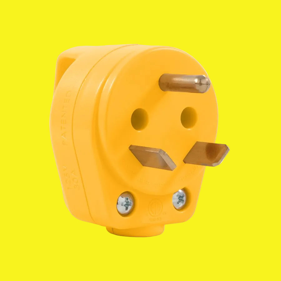 A yellow RV male plug replacement with a 30amp rating, featuring a plug head handle.