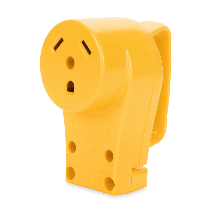 A yellow RV female connector body replacement with a pull handle and slots for power inlets.