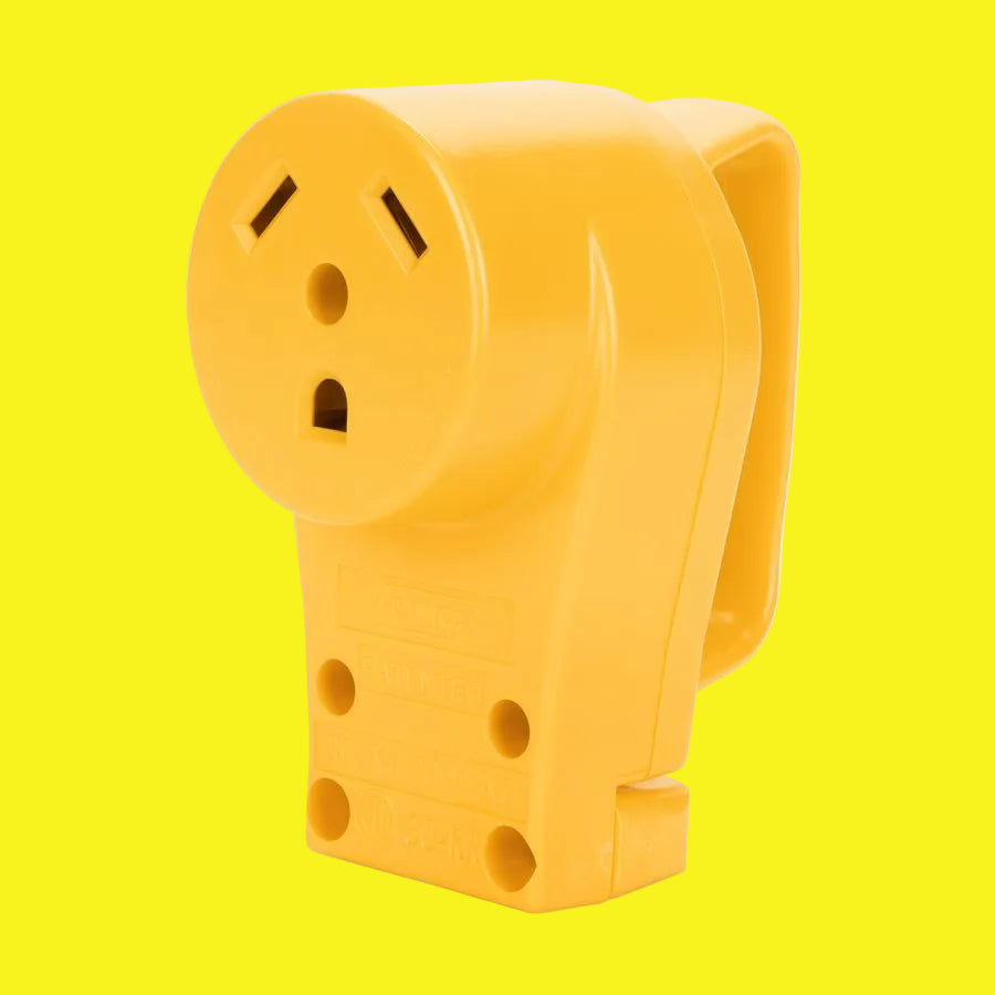 A yellow RV female connector body replacement with a pull handle and slots for power inlets.