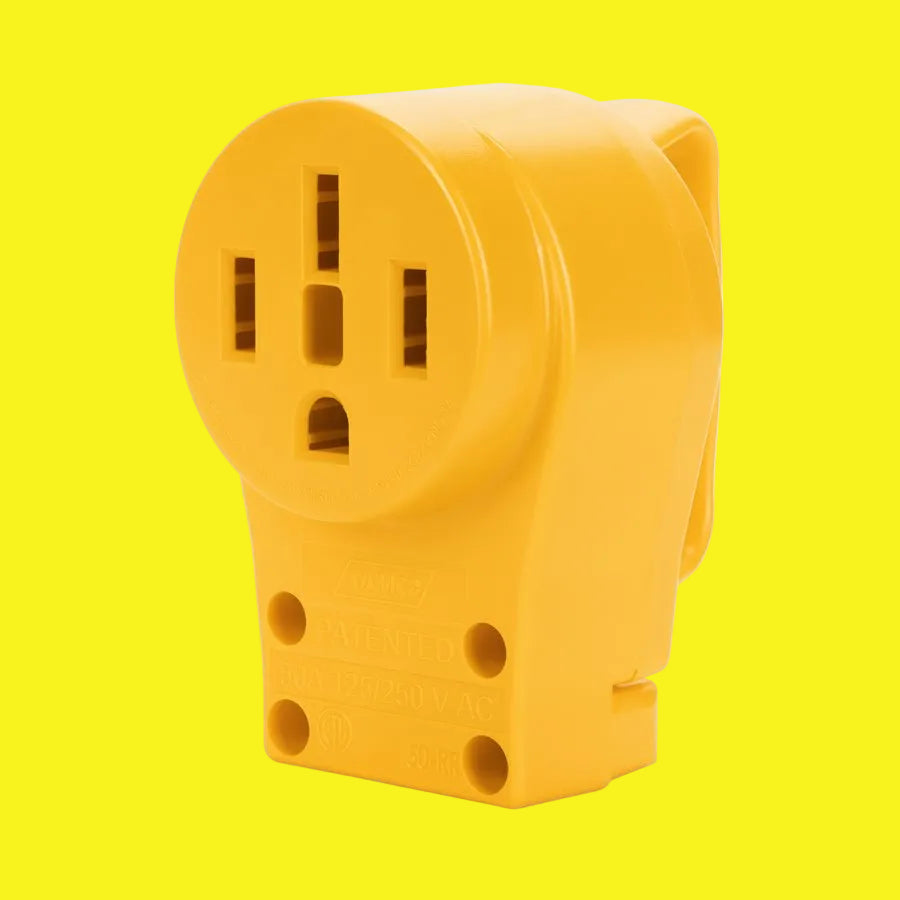 A yellow RV female connector body replacement made of polycarbonate with a convenient pull handle.