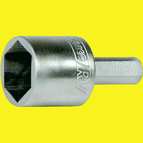 A metal drill adapter with a hexagonal socket and a straight shank, branded with the name 'Camco'.
