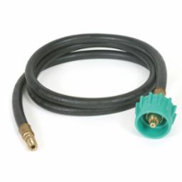 A black propane pigtail connector with a green threaded end and a metallic connector on the other end.