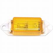 A rectangular, amber-colored clearance marker light with incandescent filaments, without trim, mounted on a white base.