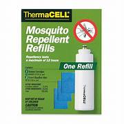 Packaging for ThermaCell Mosquito Repellent Refills featuring a white cylindrical container with a green and black label, one refill depicted with a blue mosquito mat, and text detailing product use and features.