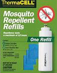 Packaging for ThermaCell Mosquito Repellent Refills featuring a white cylindrical container with a green and black label, one refill depicted with a blue mosquito mat, and text detailing product use and features.