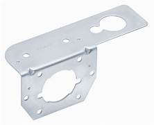 A silver metal mounting bracket with multiple holes and a single attachment point designed for trailer connectors.