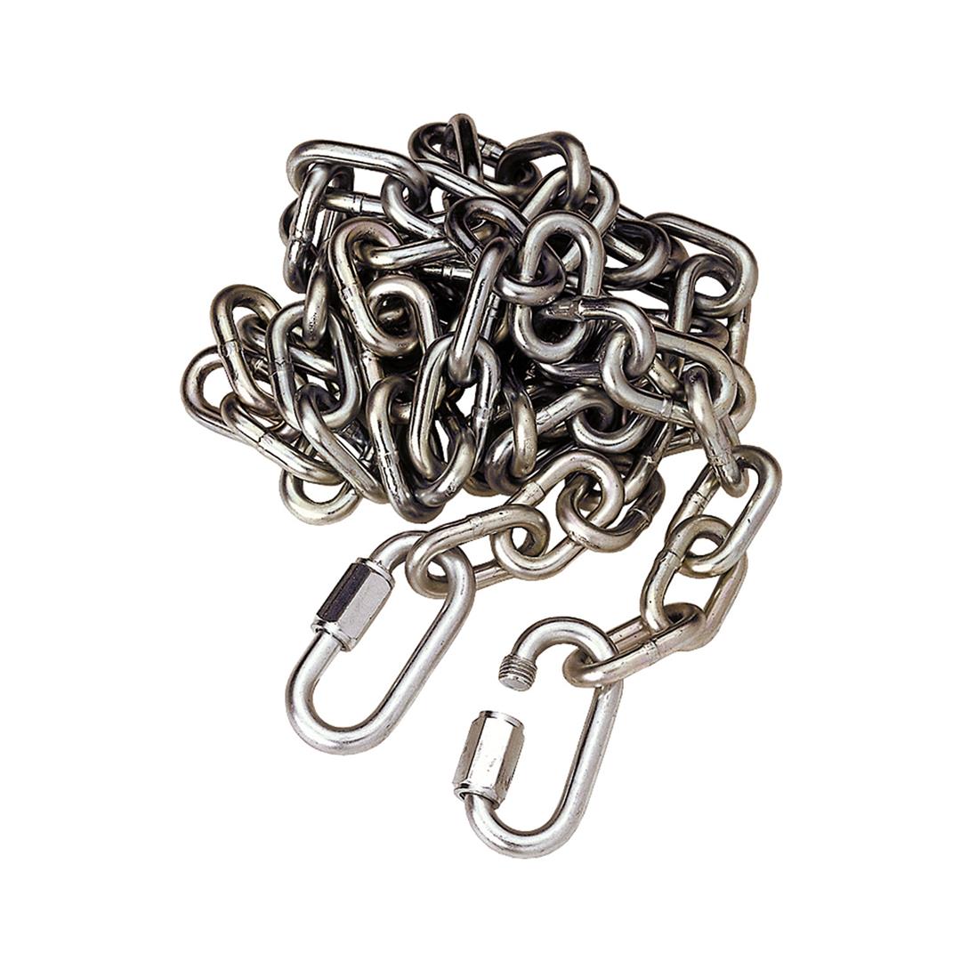 A metal towing safety chain with quick links and a 5000 lb gross load capacity.