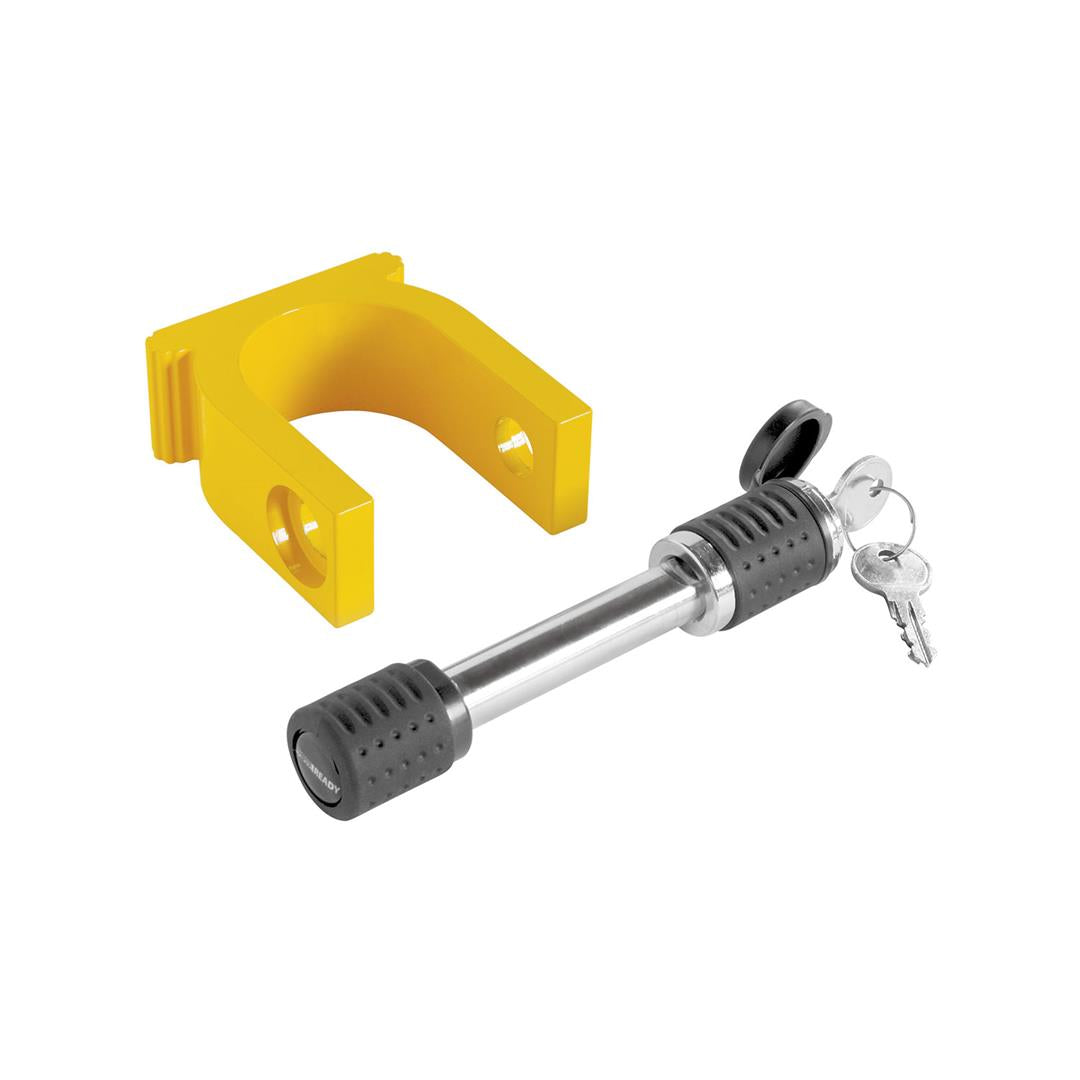 A yellow king pin lock with a metal shaft and two keys, designed for 5th wheel hitch locking.