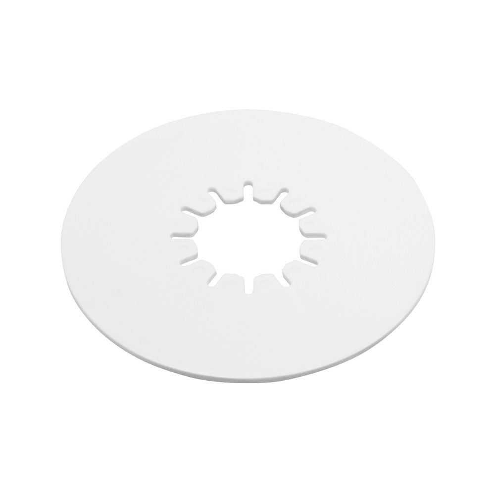 A white 10 inch round lube plate for 5th wheel hitches.