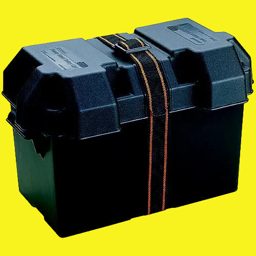 Black battery box with a strap on a yellow background