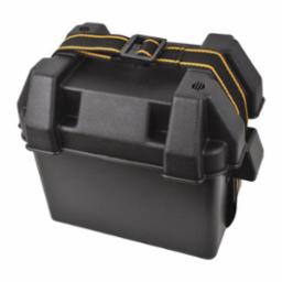 A black vented battery box with yellow hold-down straps, designed for Series 27 batteries.
