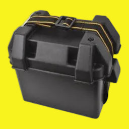 A black vented battery box with yellow hold-down straps, designed for Series 27 batteries.