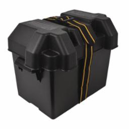 A black, non-vented battery box with yellow hold-down straps for mounting.