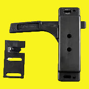A black metal screen door latch for a left-hand opening, including a strike plate and a latching mechanism.