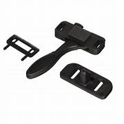 A black screen door latch with a left hand opening mechanism, including a mounting plate and a screw.