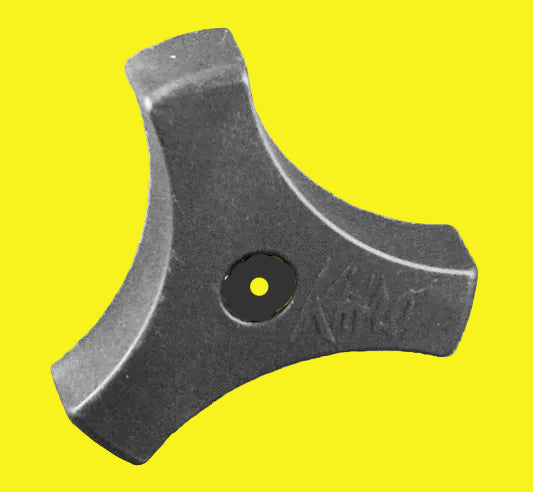 Black plastic window crank knob with a screw hole, on a textured background.