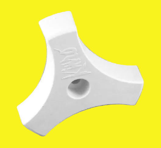 A white triangle shaped window crank knob.