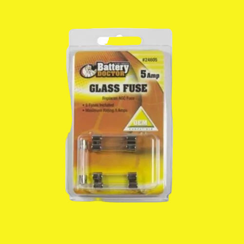 A pack of 5 AGC brand glass fuses in a clear plastic packaging with yellow and orange label featuring the product details.
