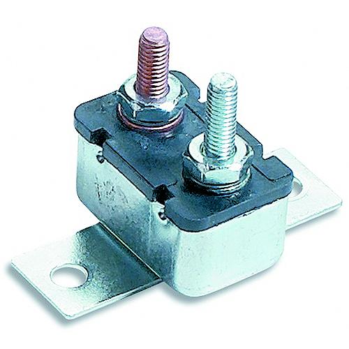 A single-pole, automatic reset, stud-mounted circuit breaker with a right angle bracket.