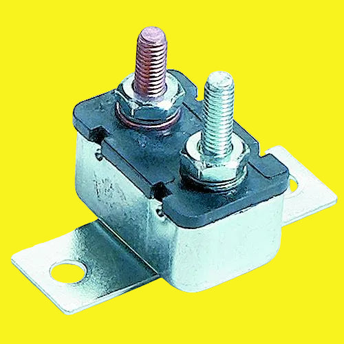 A single-pole, automatic reset, stud-mounted circuit breaker with a right angle bracket.