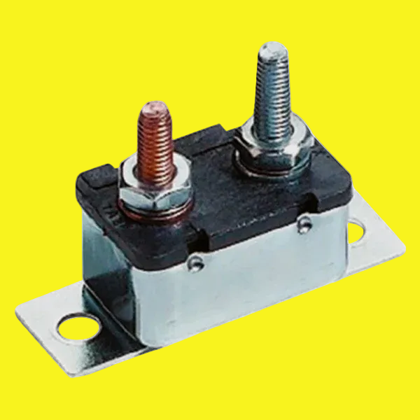 Electrical circuit breaker with two bolts on a yellow background
