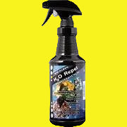A black spray bottle labeled 'H2O Repel' with a blue label showing text detailing the product's use for repelling water on various types of fabric.