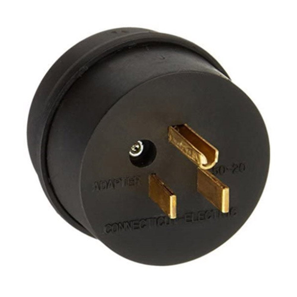 A black power cord adapter with a male 20-amp connector on one end and a female 50-amp connector on the other.