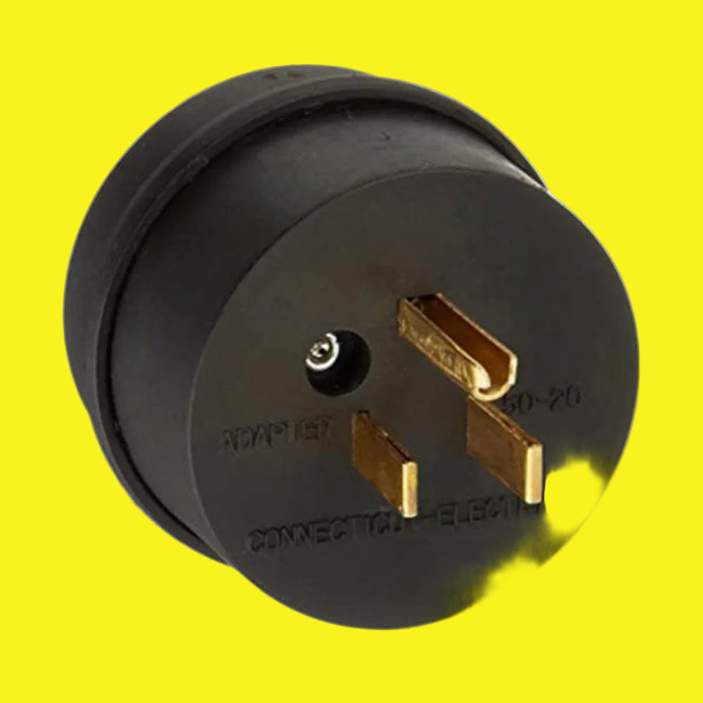 A black power cord adapter with a male 20-amp connector on one end and a female 50-amp connector on the other.