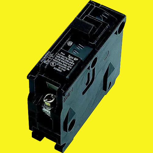 A black single pole circuit breaker with a label indicating 15 amp rating and UL listing.