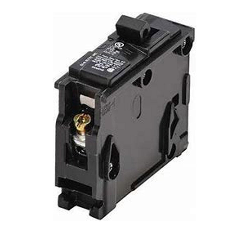 A black single pole circuit breaker with a visible switch and a connector.