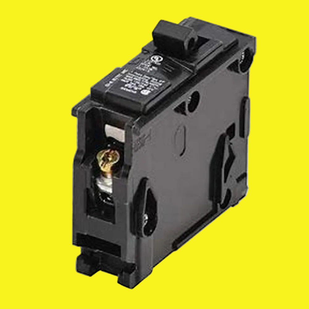 A black single pole circuit breaker with a visible switch and a connector.