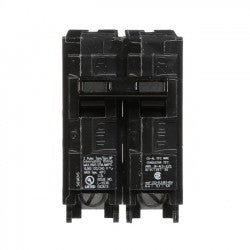 A black double pole circuit breaker with visible labeling and components.