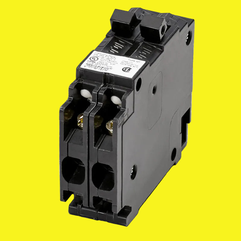 A black double pole circuit breaker with a switch and two terminals visible.