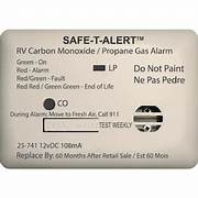 Safe-T-Alert RV Carbon Monoxide/Propane Gas Alarm, white, with red and green indicators, a test button, and safety instructions.