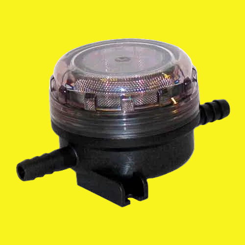 A stainless steel Flojet water pump strainer with a 1/2 inch inlet and a 1/2 inch hose bar outlet, featuring a 40 mesh screen.