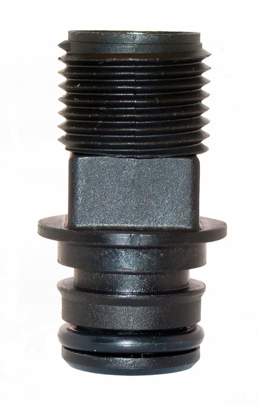 Black water fitting with male threads on one end and barbed ends with o-ring