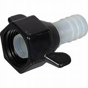 A black and white Shurflo Fresh Water Hose End Fitting with a female NPT inlet and a barb outlet.