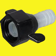 A black and white Shurflo Fresh Water Hose End Fitting with a female NPT inlet and a barb outlet.