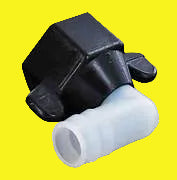 A black nylon hose end fitting with a female NPT inlet and a barb outlet, including a wingnut swivel.